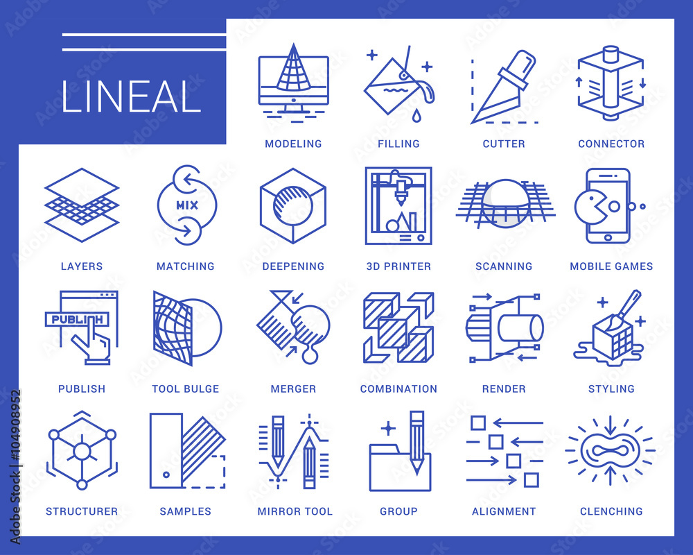Line vector icons in a modern style. 3D design, working with objects ...