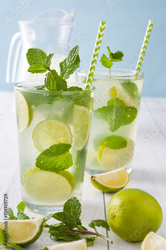 Plakat Summer drink. Fresh mojito with lime and mint. Blue background