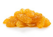 Yellow raisins close-up isolated on a white background.