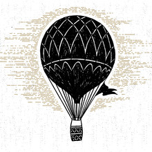 Hand Drawn Textured Vintage Icon With Hot Air Balloon Vector Illustration.