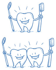 Wall Mural - Cute happy cartoon tooth shining white with toothbrush and mirror. Hand drawn line art cartoon vector illustration.