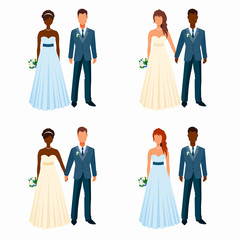 Mixed-race couples getting married. Bride and fiancee hold hands, stand nearby. Prom girl and boy with bouquet and buttonhole. Wedding elegant couples cartoon set. Isolated on white background.