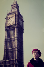 Original Vintage Colour Slide From 1960s, Young Woman Poses For A Holiday Snap With Houses Of Parliament In London.