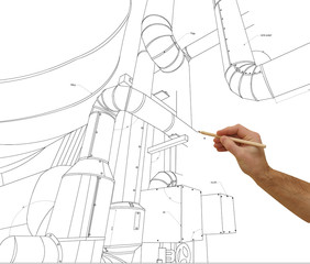 Wall Mural - man's hand draws a design of factory