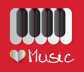 Sticker - Love Music Vector Illustration with Piano Keyboard and Paper Heart on Red Background