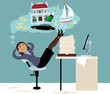 Woman sitting in an office putting her feet on a pile of papers and daydreaming about expensive things and money, EPS 8 vector illustration