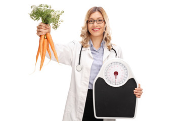 Poster - Female doctor holding carrots and a weight scale