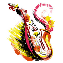 Wall Mural - Saxophone. Hand drawn grunge style art. Colorful retro vector illustration. Banner, card, scrap booking, t-shirt, bag, print, poster.