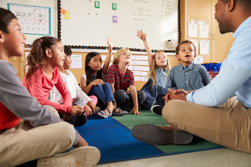 Wall Mural - Elementary school kids and teacher sit cross legged on floor