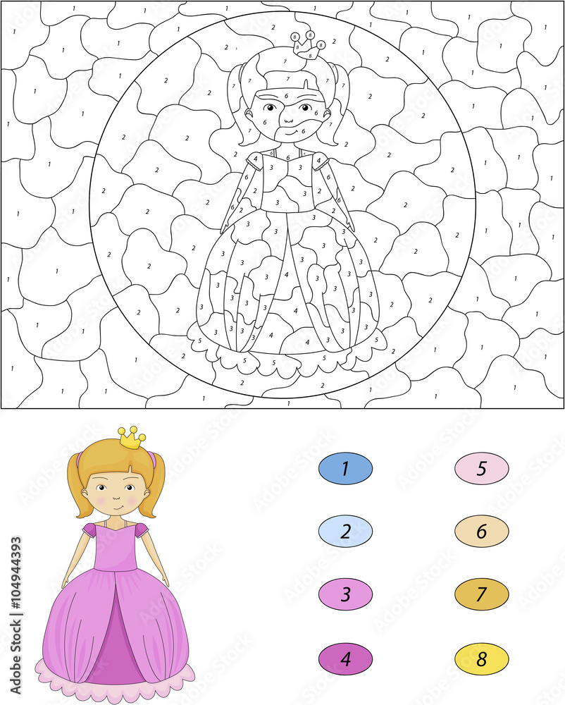 Cartoon princess. Color by number educational game for kids Stock ...