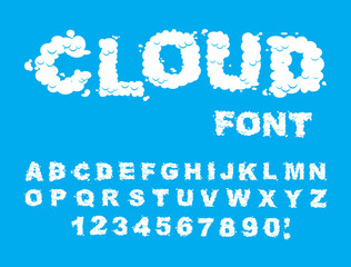 Cloud font. ABCs of white clouds in blue sky. Cloud letters and