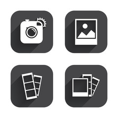 Poster - Photo camera icon. Flash light and landscape.