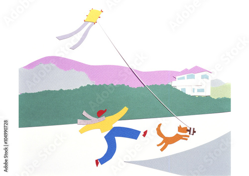 子供と犬の凧揚げ 切り絵 Stock Illustration Adobe Stock