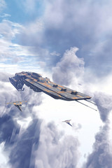 Wall Mural - Spaceship cruiser and fighters over clouds