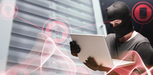 Poster - Composite image of hacker using laptop to steal identity