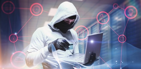 Poster - Composite image of hacker using laptop to steal identity