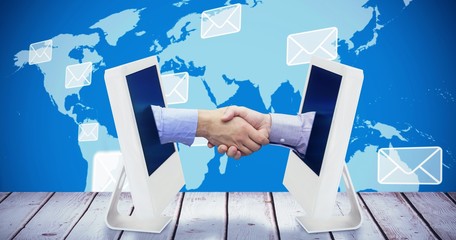Poster - Composite image of hand shake in front of wires