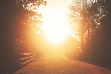 Rural Country Farm Ranch Grass Road With Three Board Wood Fences Under Sunset Or Sunrise Sunbeams With Lens Flare Looking Romantic Divine Heavenly Mysterious Warm Serene Transcendent