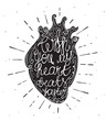Conceptual design heart with lettering inside. Vintage heart with sunburst isolated on white. Vector hand drawn illustration