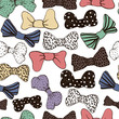 Seamless hand drawn pattern of vintage bow ties. Vector colorful  ties on white background. Retro line drawn texture