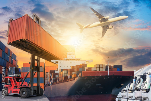 Fotografia, Obraz Ship for container with working crane bridge in shipyard for Logistic Import Exp