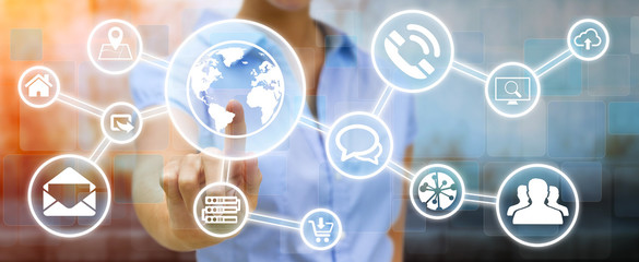 Poster - businesswoman using digital tactile screen interface with web ic