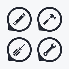 Poster - Screwdriver and bubble level, hammer.