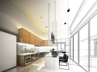 Wall Mural - abstract sketch design of interior kitchen, 3d render