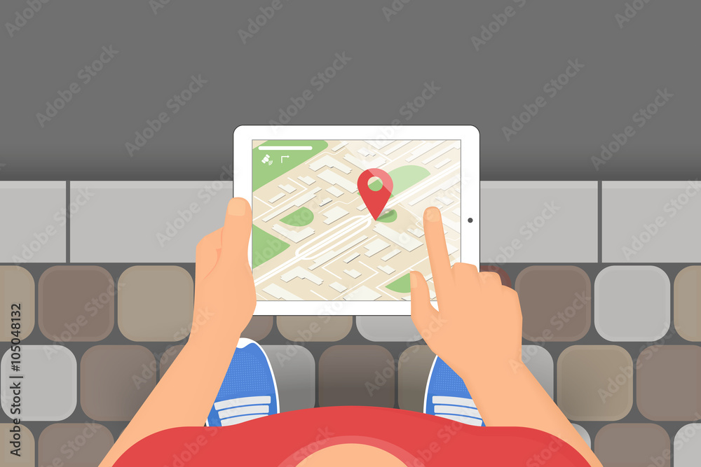 Man holds in his hand a tablet pc with mobile application for gps ...