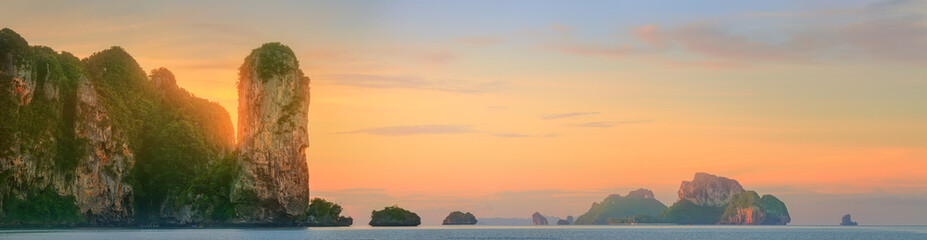 Wall Mural - sunset with colorful sky and boat on the beach