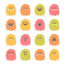 Set Of Cartoon Smiley Monsters. Collection Of Different Cute Flu