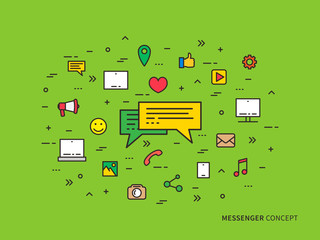 Fototapete - Messenger chat communication colorful linear vector illustration. Creative concept messaging (message speech), mobile app icons. Graphic design online chatting web banner.