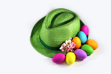 Green Straw Hat With Easter Colorful Eggs 