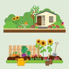 Gardening Set. Vector Illustrations With Rural Landscape, Flowers, Garden, Cottage And Garden Tools