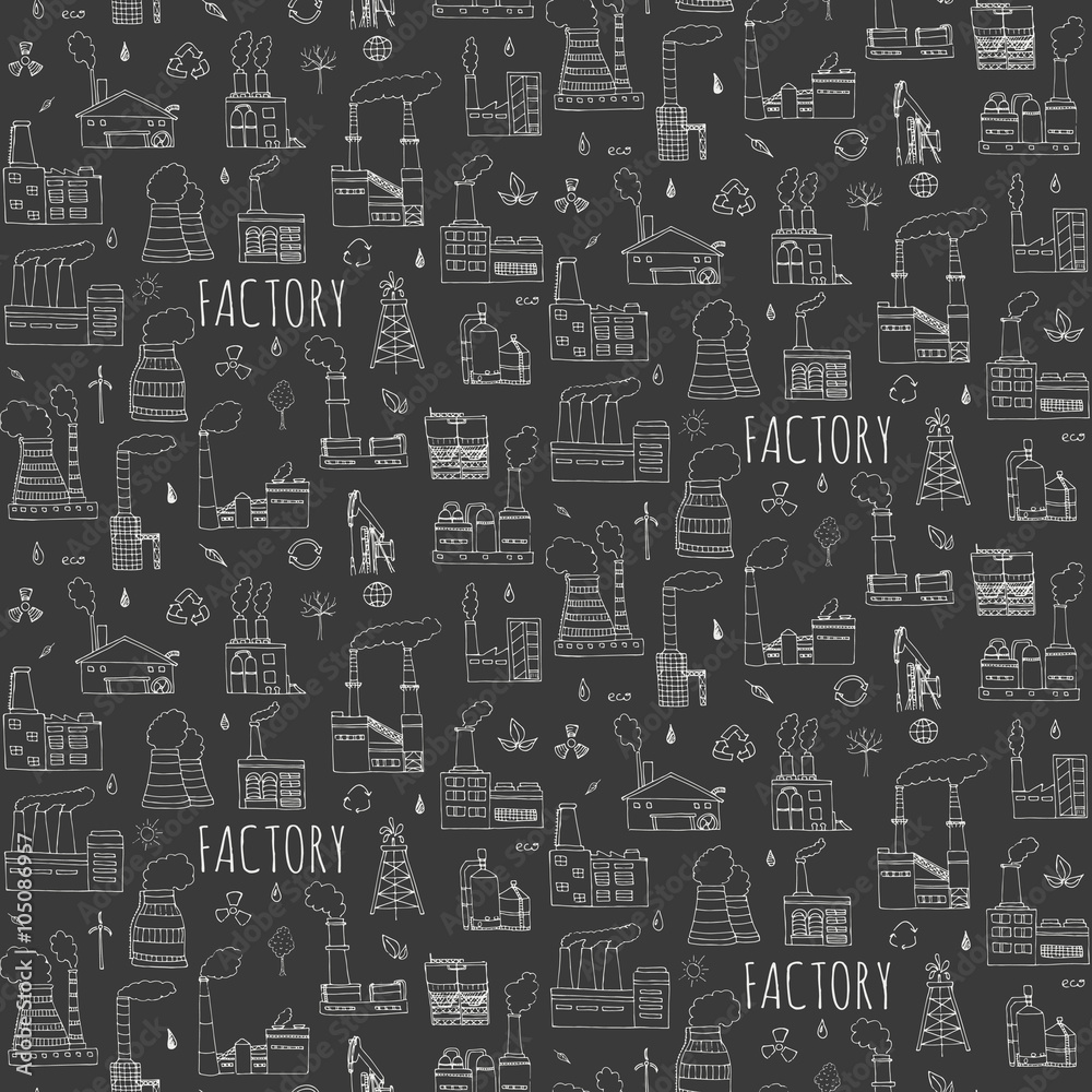 Seamless background hand drawn doodle Factory set Vector illustration Sketchy cartoon Industrial factory icons Factory building Manufacture Eco concept Pipe with smoke Pollution Recycling Tree Plant