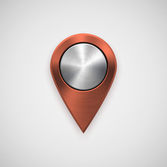 Poster - Bronze technology map pointer badge, GPS button template with metal texture, chrome, steel, silver, copper, rust for logo, design concepts, interfaces, UI, applications, apps, web. Vector illustration