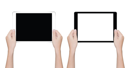 Aufkleber - closeup hand holding tablet isolated white clipping path inside