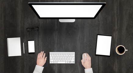 Poster - Responsive devices with isolated screen for mockup. Top view of modern desk with computer display, phone and tablet. Keyboard, coffee, glasses, notebook, pencil on table.