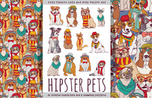 Hipster Cute Pets Cats And Dogs Set. 