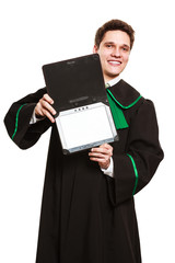 Male lawyer hold tablet computer in open case.