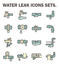 Burst Pipe And Water Leak Or Plumbing Problem And Repair Icon Such As Burst, Leaking, Noise And Frozen At Water Supply Pipe, Faucet, Valve Control, Fitting, Connector, Meter And Underground Location.
