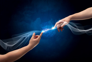 Hands connecting through fingers in space