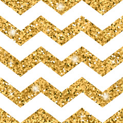 Wall Mural - Zigzag seamless pattern. Gold glitter and white template. Abstract geometric texture. Golden zig zag. Retro Vintage decoration. Design template for wallpaper, wrapping, fabric etc. Vector Illustration
