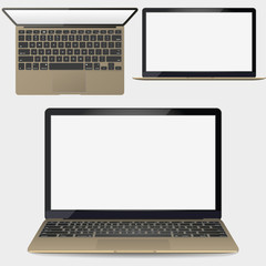Poster - Vector Realistic gold laptop in front and top view. set