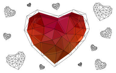 Wall Mural - Light red heart isolated on white background with pattern consisting of triangles.