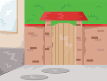 House With Brick Fence And Wooden Door With Red Roof And Canopy. Countryside House View. Kids Book Vector Illustration. Digital Background.