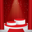 Illuminated stage podium with confetti, red curtain and red carpet. Vector illustration