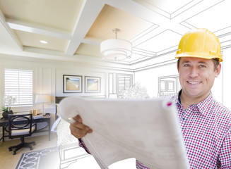 Contractor in Hard Hat Over Custom Bedroom Drawing and Photo