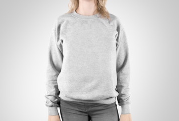 Blank sweatshirt mock up isolated. Female wear plain hoodie mockup. Plain hoody design presentation. Clear loose overall model. Pullover for print. Man clothes sweat shirt template sweater wearing