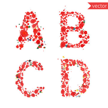 decorative letters A, B, C, D made from colorful drops and blots